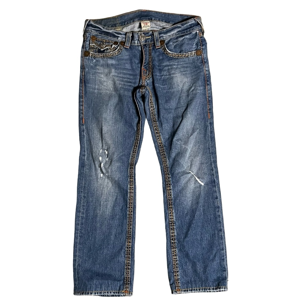 True Religion Billy Super T Mens Blue Straight Leg Jeans Size 32 Thick Stitch - Picture 2 of 15